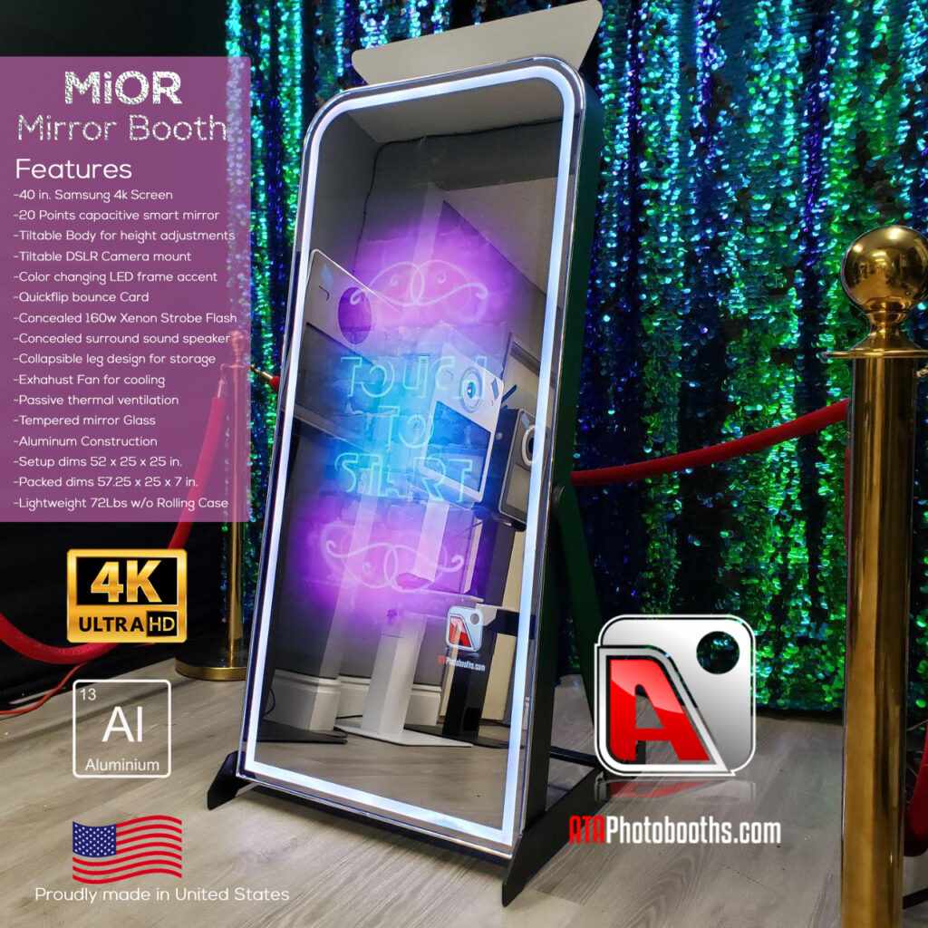 An image of the Mior Mirror Booth from ATA Photobooths with special features listed on the side.