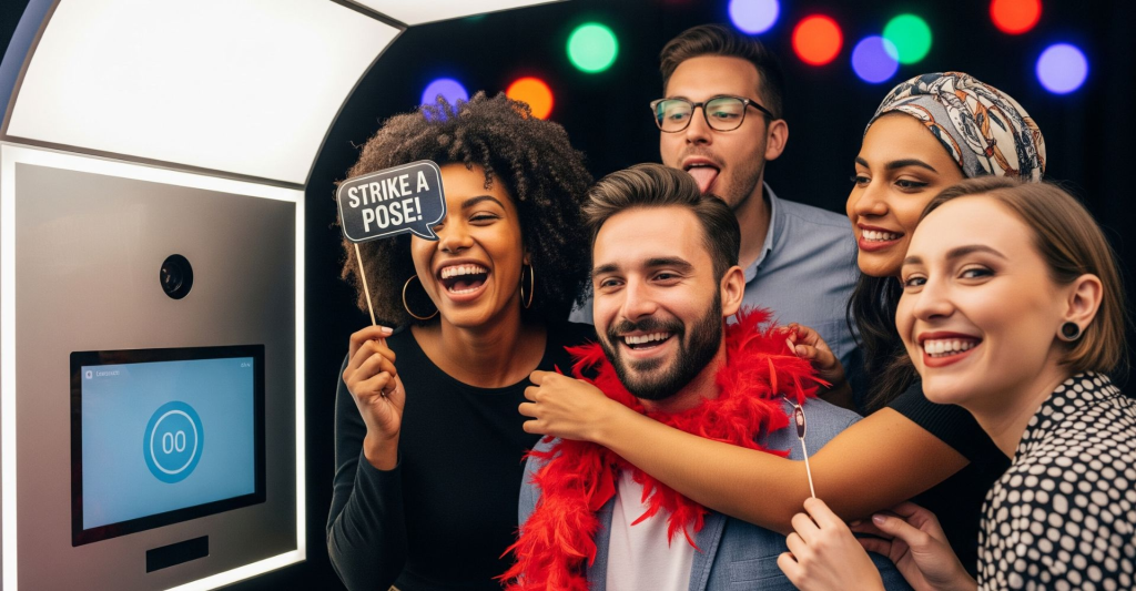 group of friends using a modern photobooth at a party