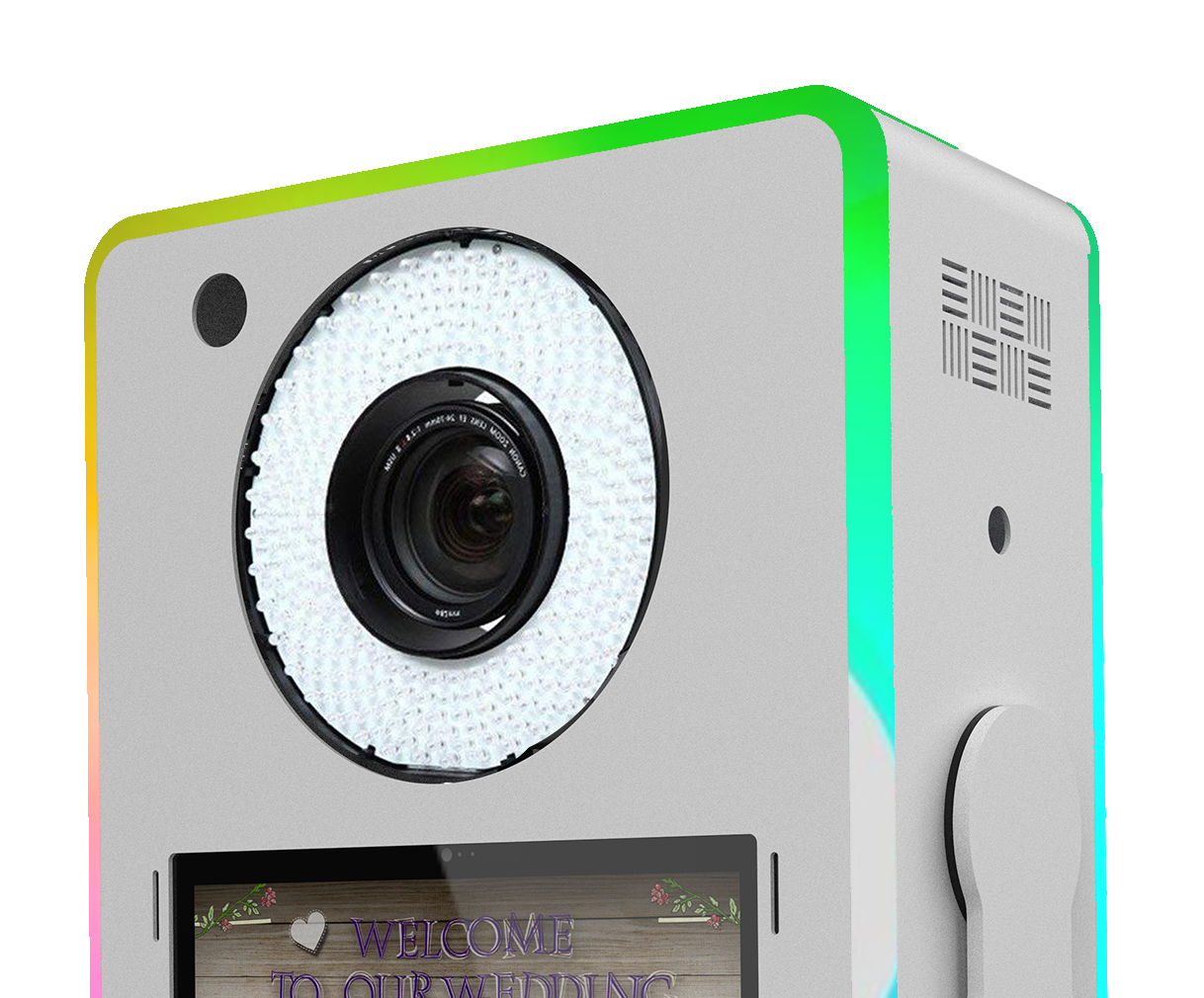 A close-up 3/4 perspective of a white Lumia M photo booth head unit, highlighting the ring light surrounding the camera lens and the vibrant green-to-blue RGB chasing LED edge lighting.