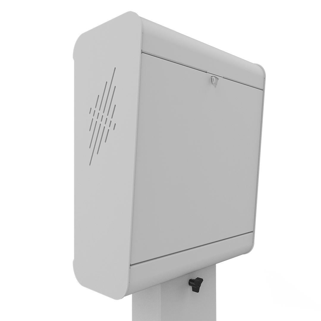 A rear perspective view of a white ECO photo booth head unit featuring a locking back panel and decorative side ventilation slits.