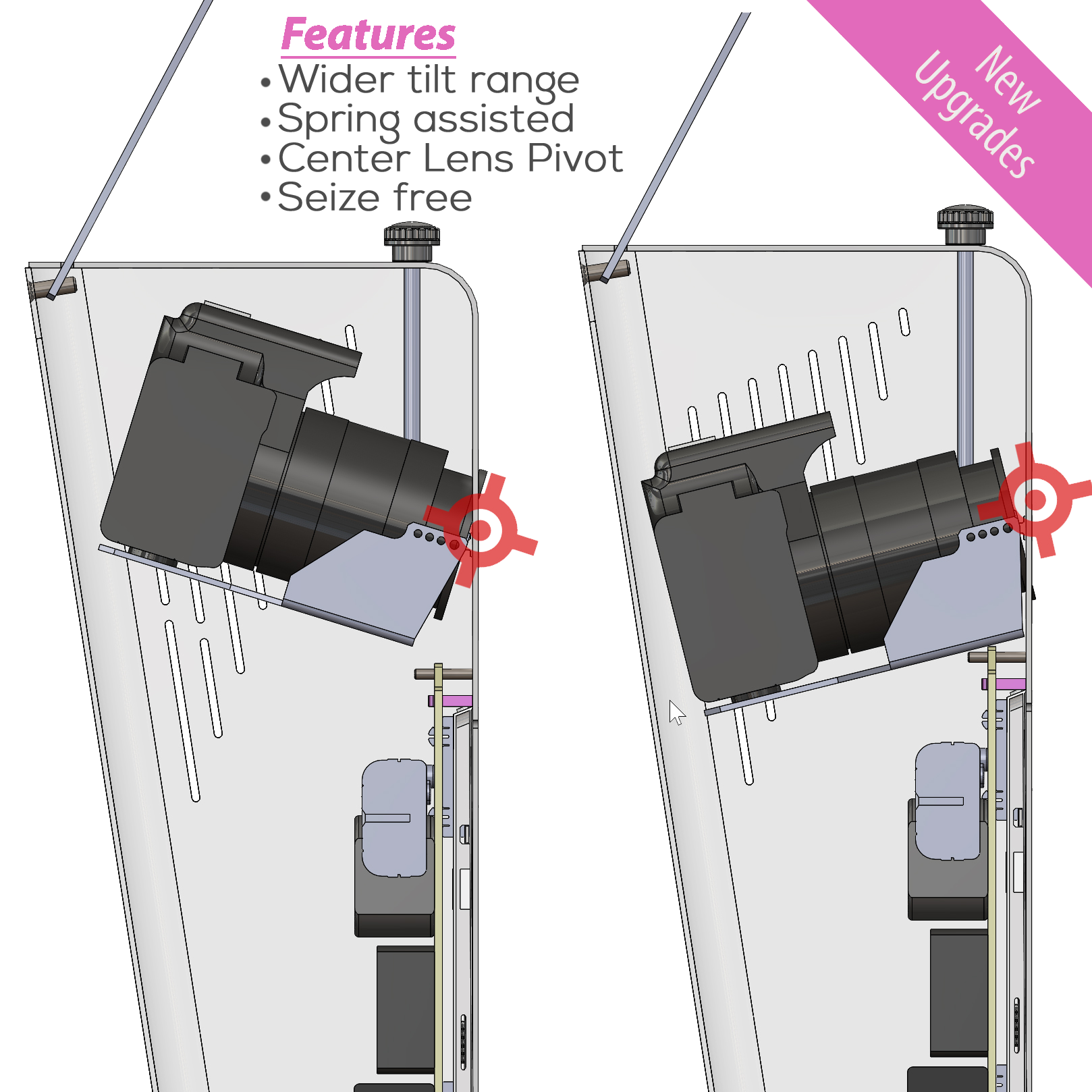 A cross-section diagram showcasing new upgrades to the photo booth head unit, featuring a wider tilt range, spring-assisted movement, and a center lens pivot for the internal DSLR camera.