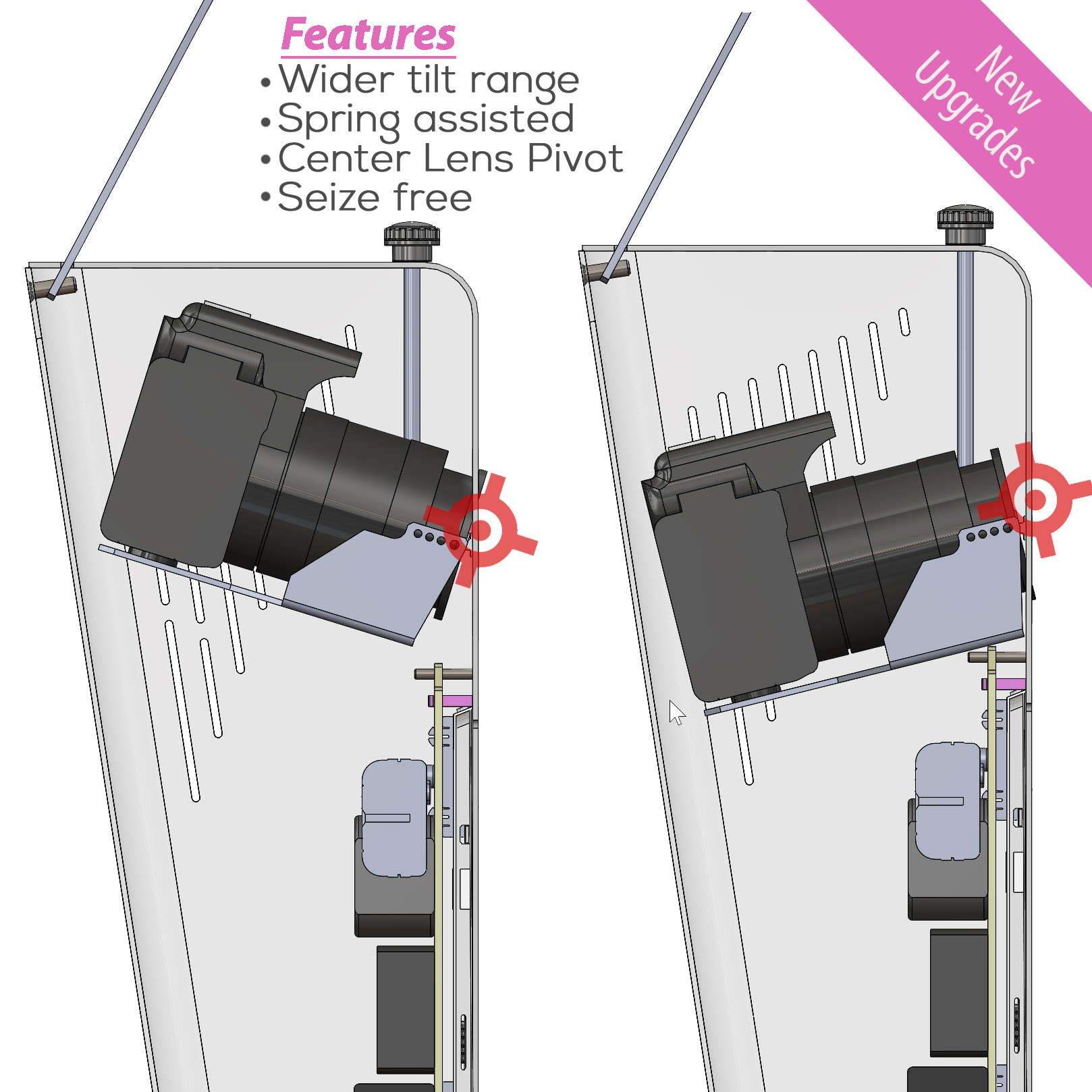 A cross-section diagram showcasing new upgrades to the photo booth head unit, featuring a wider tilt range, spring-assisted movement, and a center lens pivot for the internal DSLR camera.