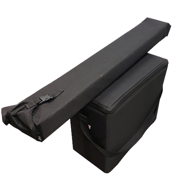 Two black padded transport bags: a long, slender bag for the photo booth column and a rectangular carrying case with a handle for the head unit.