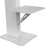 A close-up of a white metal printer shelf attached to a photo booth stand with a supportive diagonal bracket.