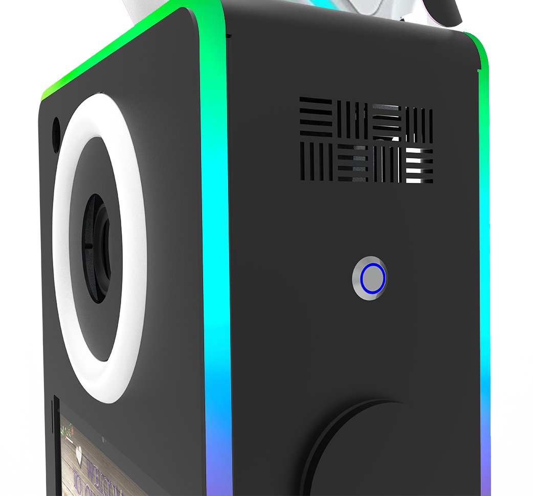 A close-up 3/4 side view of a black Lumia M Pro head unit, highlighting the illuminated blue power button, side ventilation slits, and the glowing green-to-blue RGB chasing LED edge.