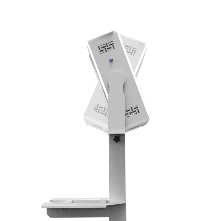 A side-profile diagram of a white Lumia M photo booth illustrating the patented tilt head mechanism, showing the unit's ability to pivot smoothly for optimal camera angles.