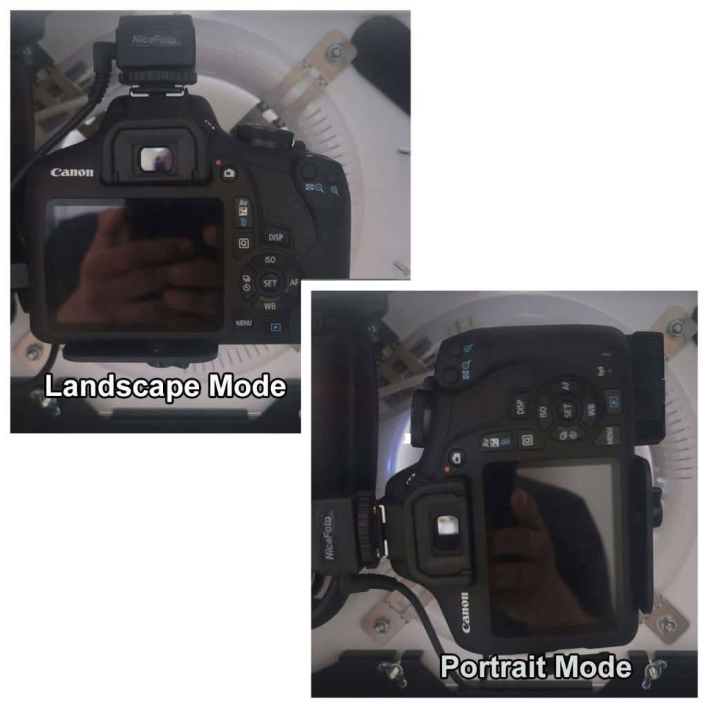 A dual-image demonstration showing a Canon DSLR camera mounted inside a photo booth head unit in both horizontal "Landscape Mode" and vertical "Portrait Mode."