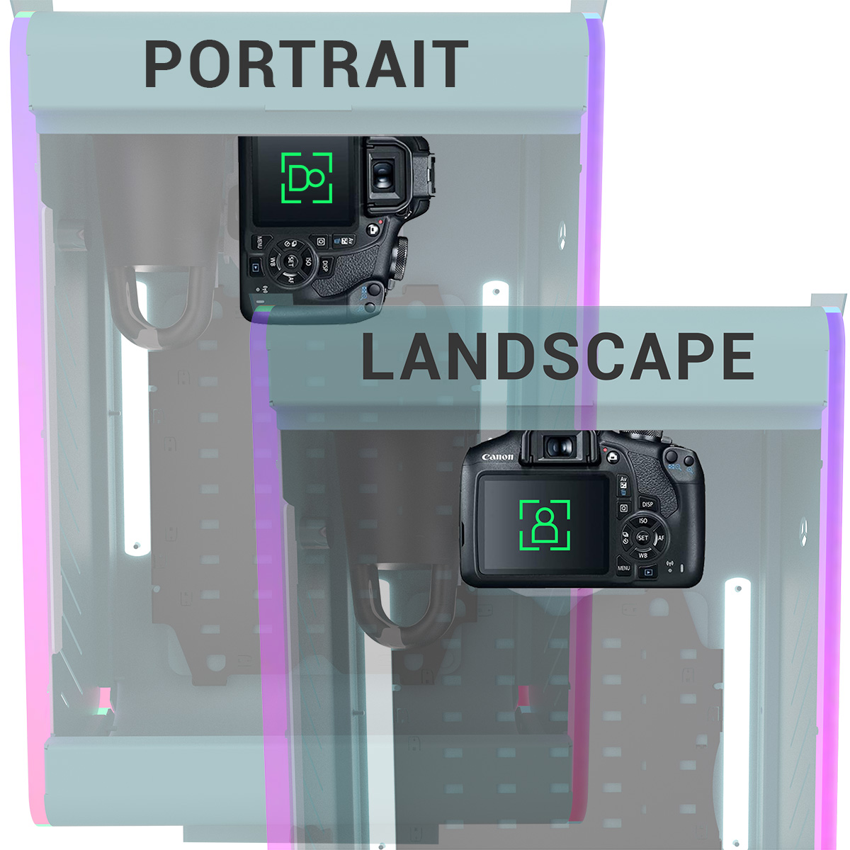 A diagram showing how a DSLR camera can be mounted inside the photo booth head unit in either a vertical "Portrait" orientation or a horizontal "Landscape" orientation.