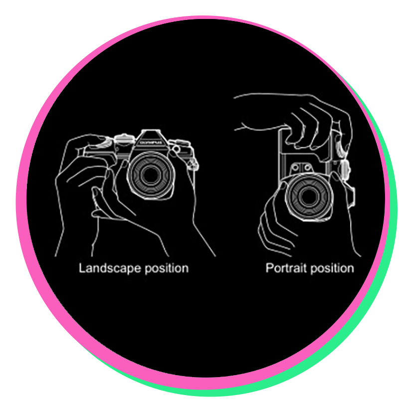 A circular diagram illustrating a DSLR camera being held in the horizontal "Landscape position" versus the vertical "Portrait position" to demonstrate photo booth orientation capabilities.