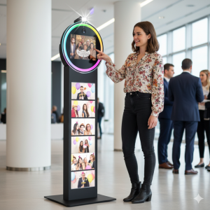 A guest interacting with the touch screen photobooth kiosk at a corporate event.