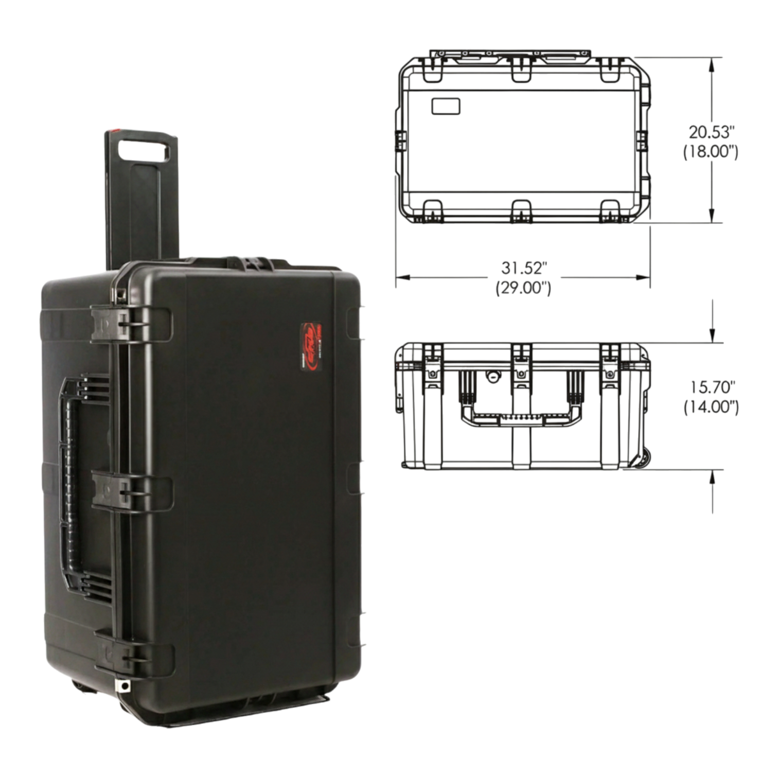 A black heavy-duty rolling equipment case shown alongside a technical dimension diagram. Dimensions are roughly 31.5 inches long, 20.5 inches wide, and 15.7 inches deep.