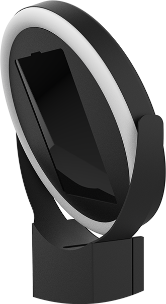 A close-up 3D render of a matte black circular photo booth head, shown from a side angle to highlight the tiltable mounting bracket and the thick white LED ring light.