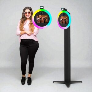 Roamer Pro DSLR iPad Photobooth Full System Package – Demonstration of the handheld roaming photobooth and stationary floor stand setup with vibrant RGB LED ring lights.
