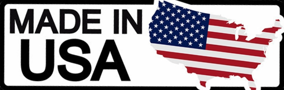 A "MADE IN USA" logo featuring bold black text alongside a silhouette map of the United States filled with the American flag pattern.