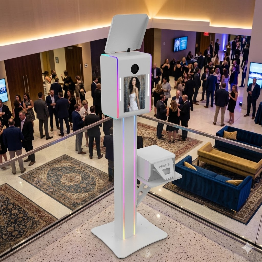 A modern, white stand-alone photo booth with LED trim stands on an elevated balcony overlooking a crowded, formal event or cocktail reception in a large lobby.