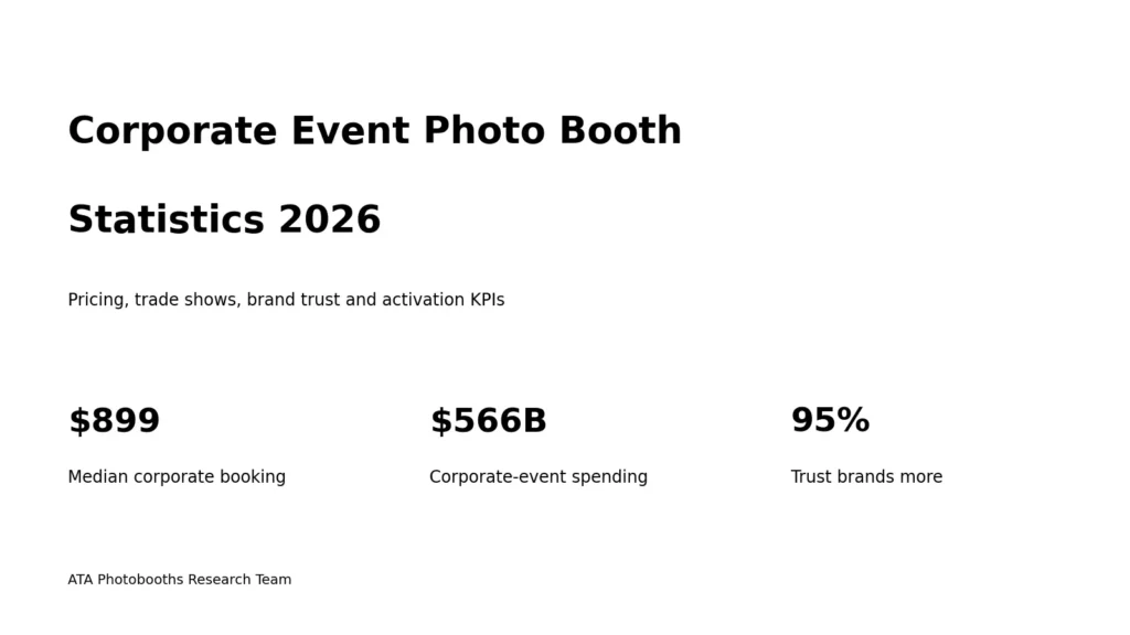 Corporate event photo booth statistics for 2026 showing a $899 median booking and global business-event engagement data