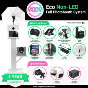 Infographic for the Eco Non-LED Full System, a white Windows-based photo booth featuring a Microsoft Surface 6, Xenon flash, and umbrella diffuser. Includes a printer shelf and travel bags.
