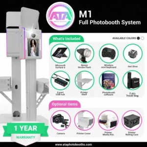 M1 Full System Package infographic by ATA Photo Booths. Displays a white booth with a Microsoft Surface 6, Xenon flash, wireless keyboard, printer shelf, and software with a 1-year warranty.